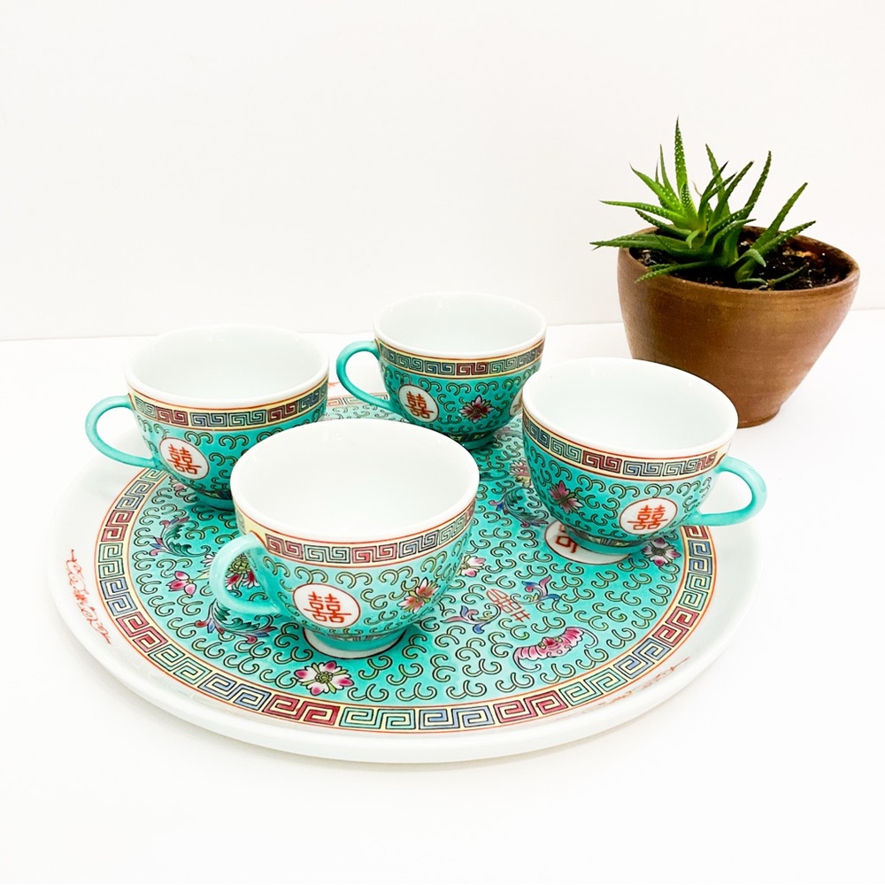 VINTAGE Chinese Export Porcelain Tea Set Teal Gold Longevity Symbol Bone China - Picture 9 of 11